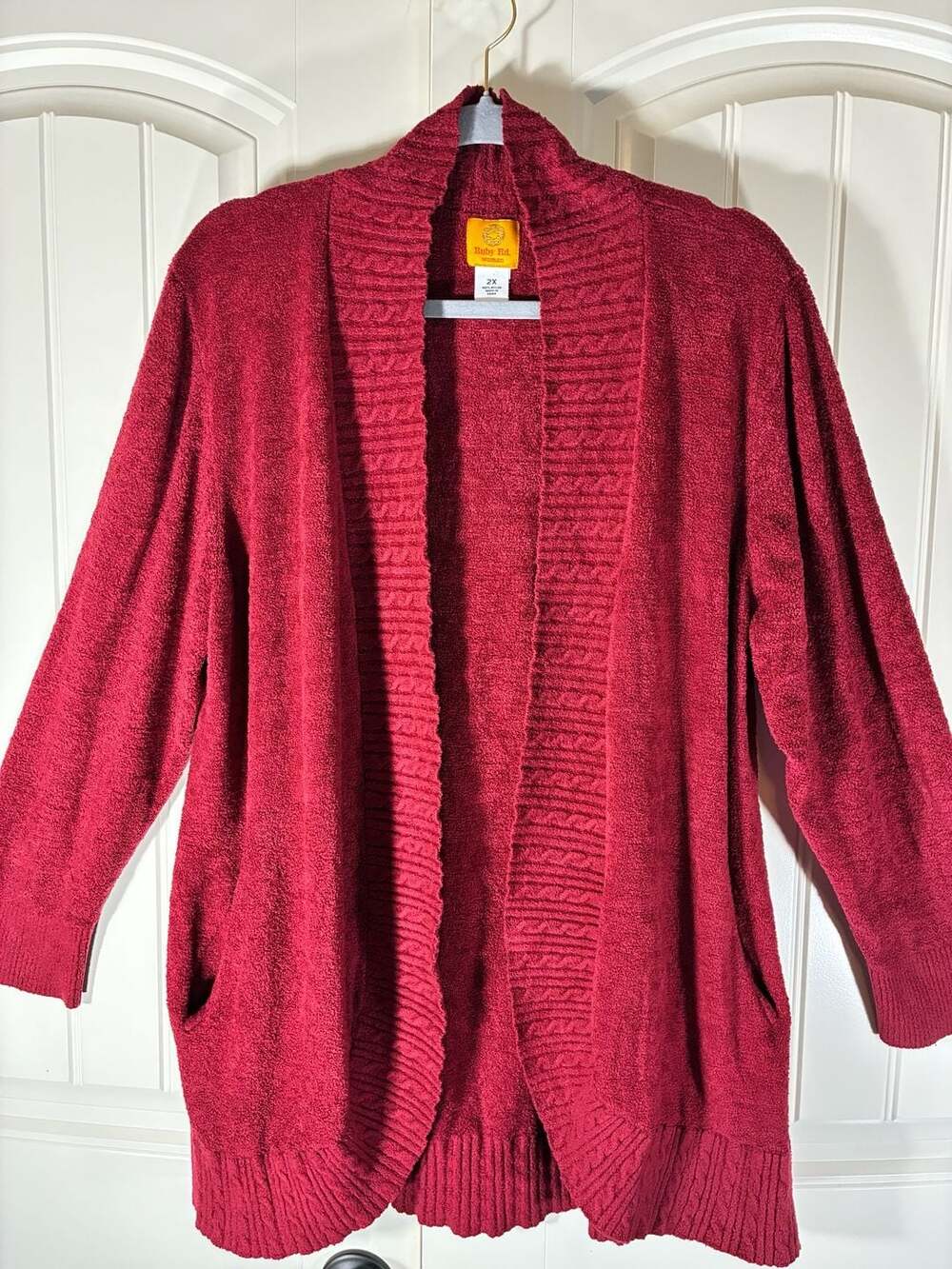 Ruby Rd. Cardigan Size 2X Red Chenille Open Front Cable Knit Pockets